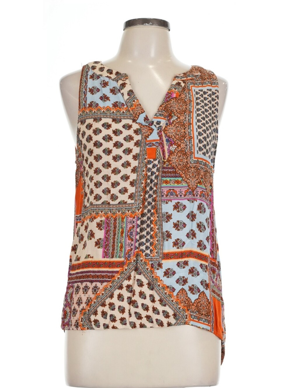 Christian Siriano Patchwork Print V-Neck Tank Top - Orange, Cream & Blue - Large